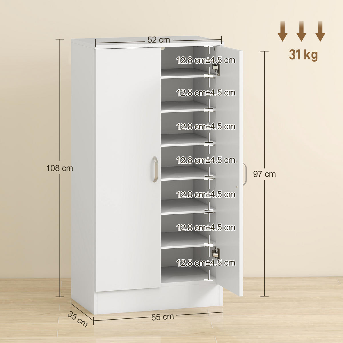SCHUHSCHRANK,6 verstellbare Einlegeböden 55x35x108cm,weiß - Weiß, Holzwerkstoff (55/108/35cm) - Vallsero