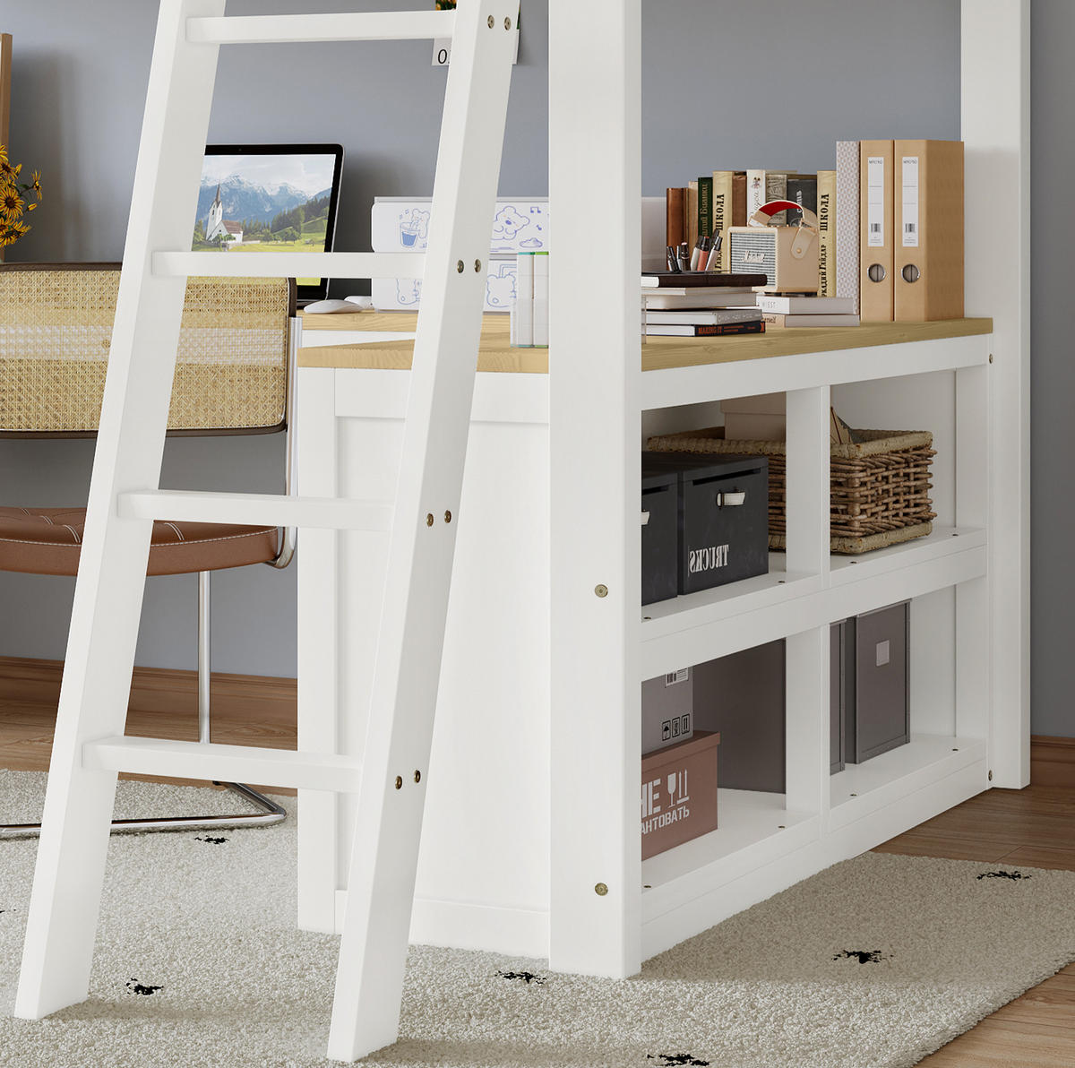 HOCHBETT 140/200 cm in Weiß/Natur – mit U-Schreibtisch, Stauraum und Schrägleiter - Weiß, Holzwerkstoff (140/200cm) - BEAOK