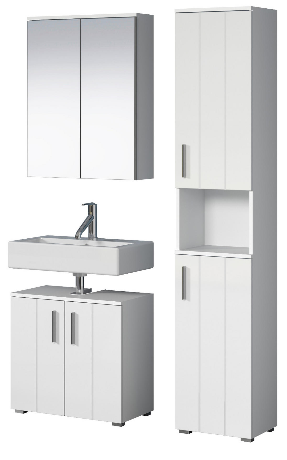 BADMÖBEL-SET weiß Hochglanz 112 x 192 cm, Badezimmer Schränke mit viel Stauraum - Weiß Hochglanz/Silberfarben, Holzwerkstoff/Kunststoff (112/192/32cm) - Top.Furn