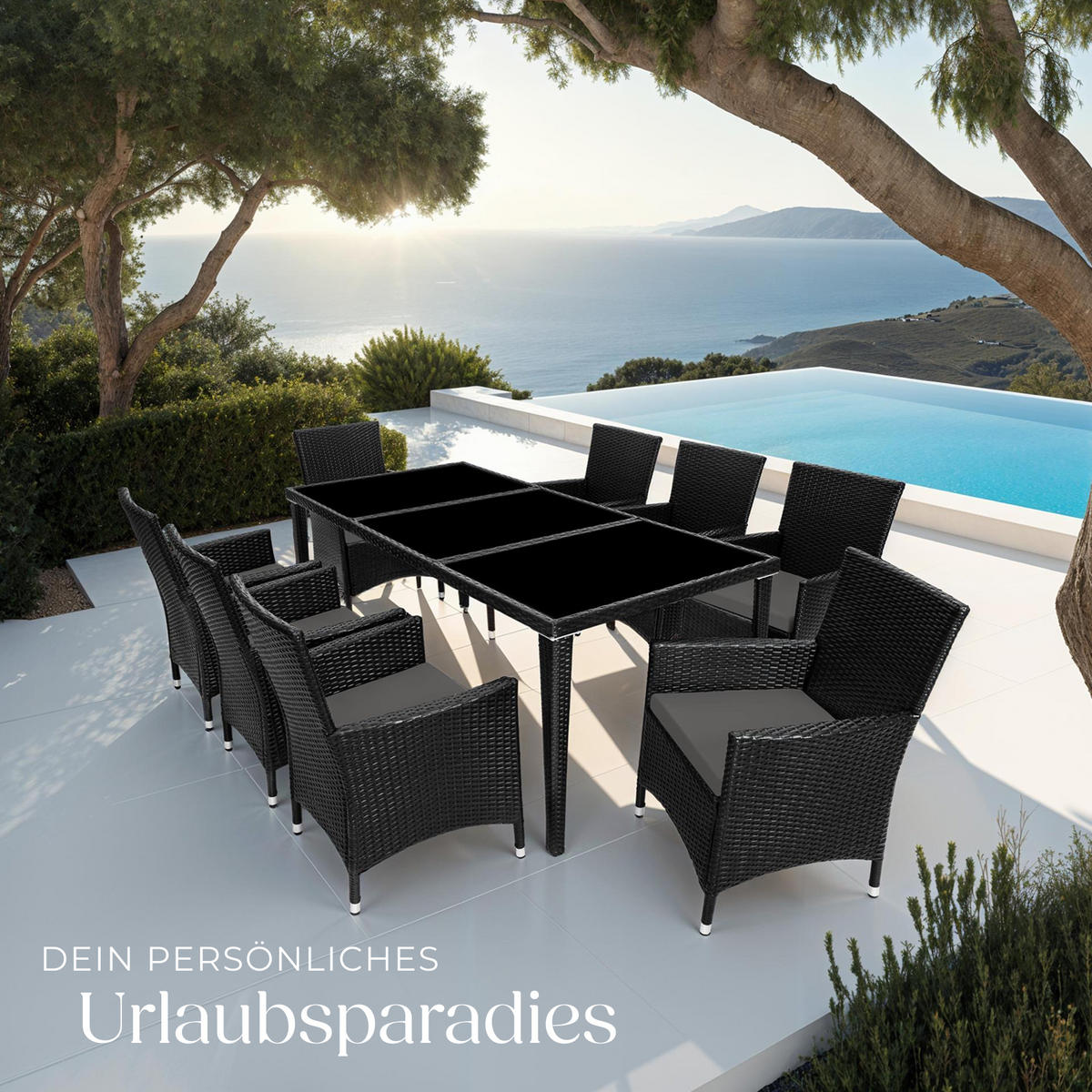 RATTAN SITZGRUPPE Menorca,2 Bezugssets, inklusive Schutzhülle,schwarz - Schwarz, Kunststoff - tectake