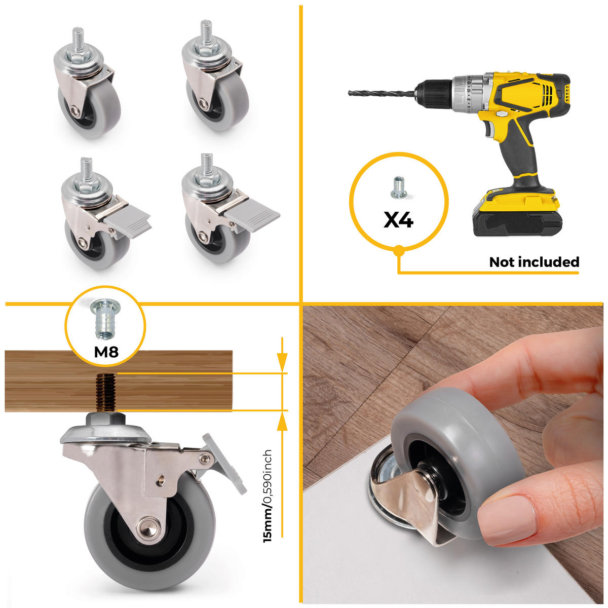 ROLLEN Slip mit Verbindungsbolzen, Durchmesser 50mm, Stahl und Kunststoff, Grau 4er-set - Grau, Metall (1.85/7/1.95cm) - EMUCA