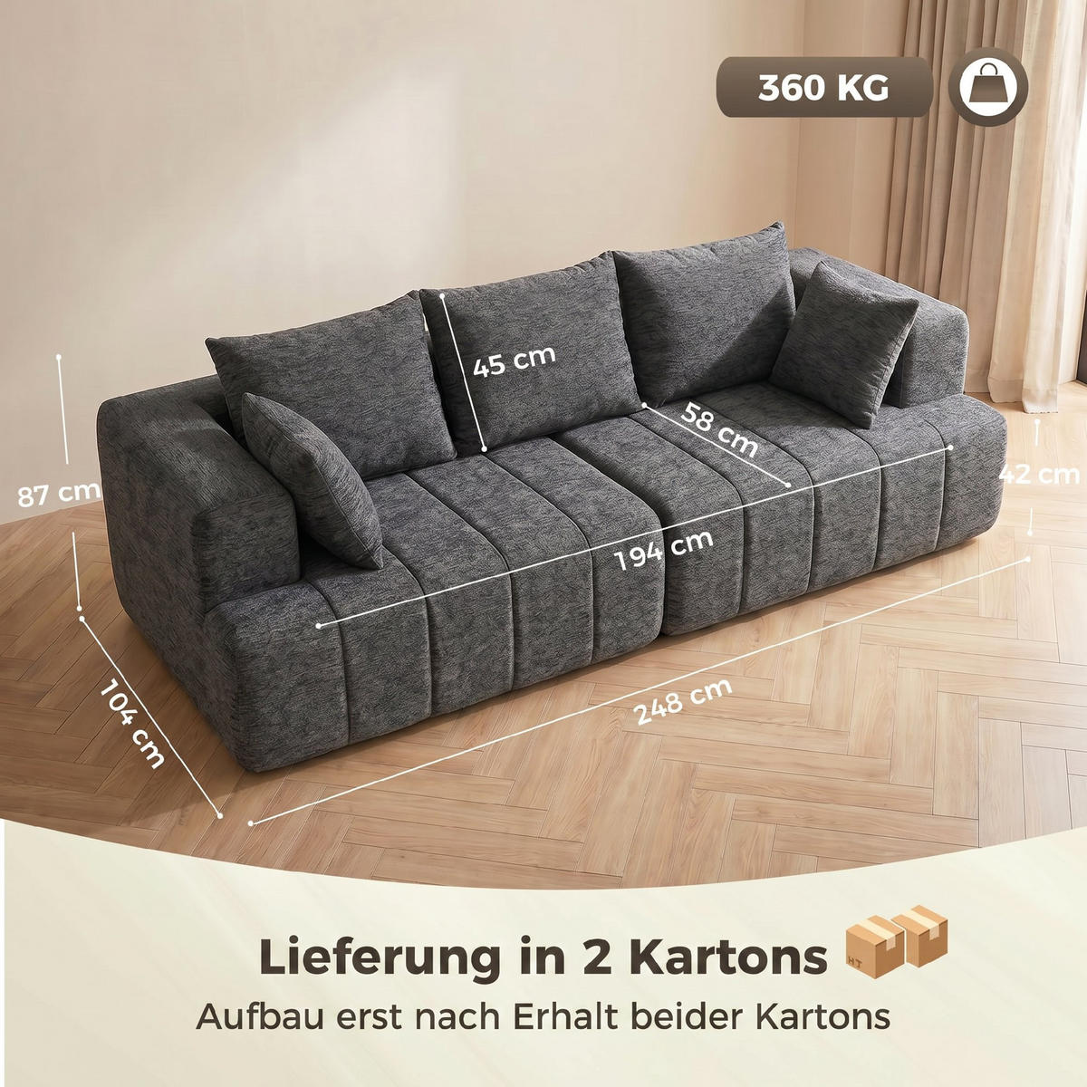 3-SITZER-SOFA Chenille (100 % Polyester) Grau - Grau, Textil (104/87/248cm) - HOMCOM