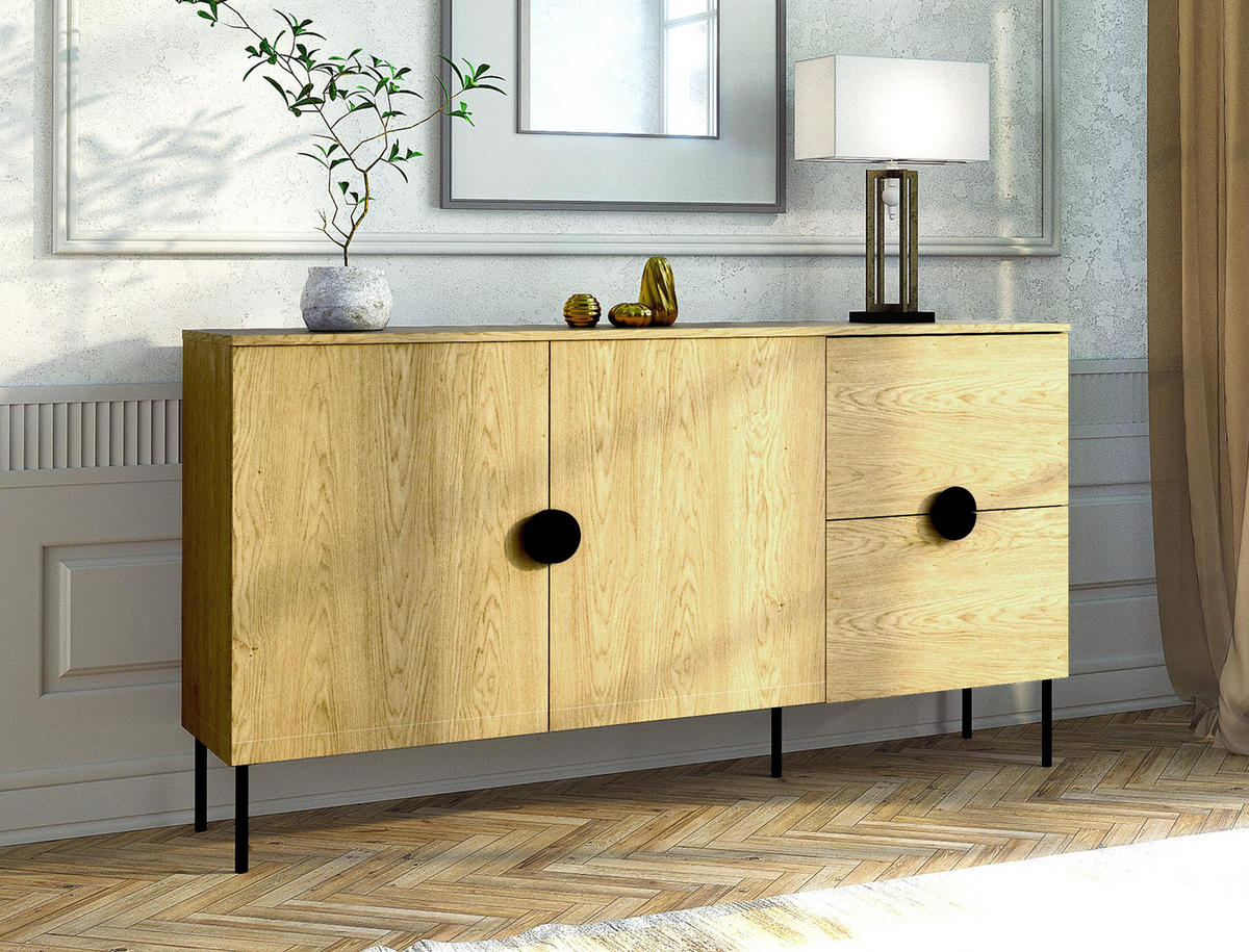 SIDEBOARD Brunelli 2T 2S Eiche Baltic 160/87,6/40 cm – mit geräumigen Schubladen - Eichefarben/Schwarz, Holzwerkstoff/Metall (160/87.6/40cm) - AX Living