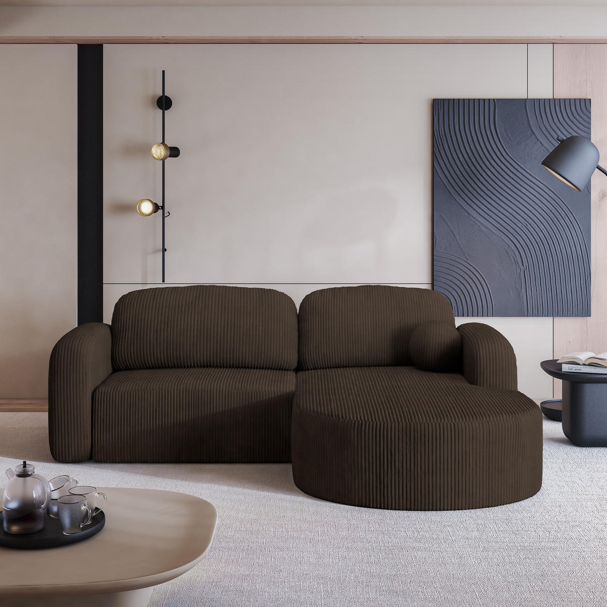 ECKSOFA AMILIA P R-S Braun Kordstoff mit Schlaffunktion - Braun, Holz (263/174cm) - MASSENO