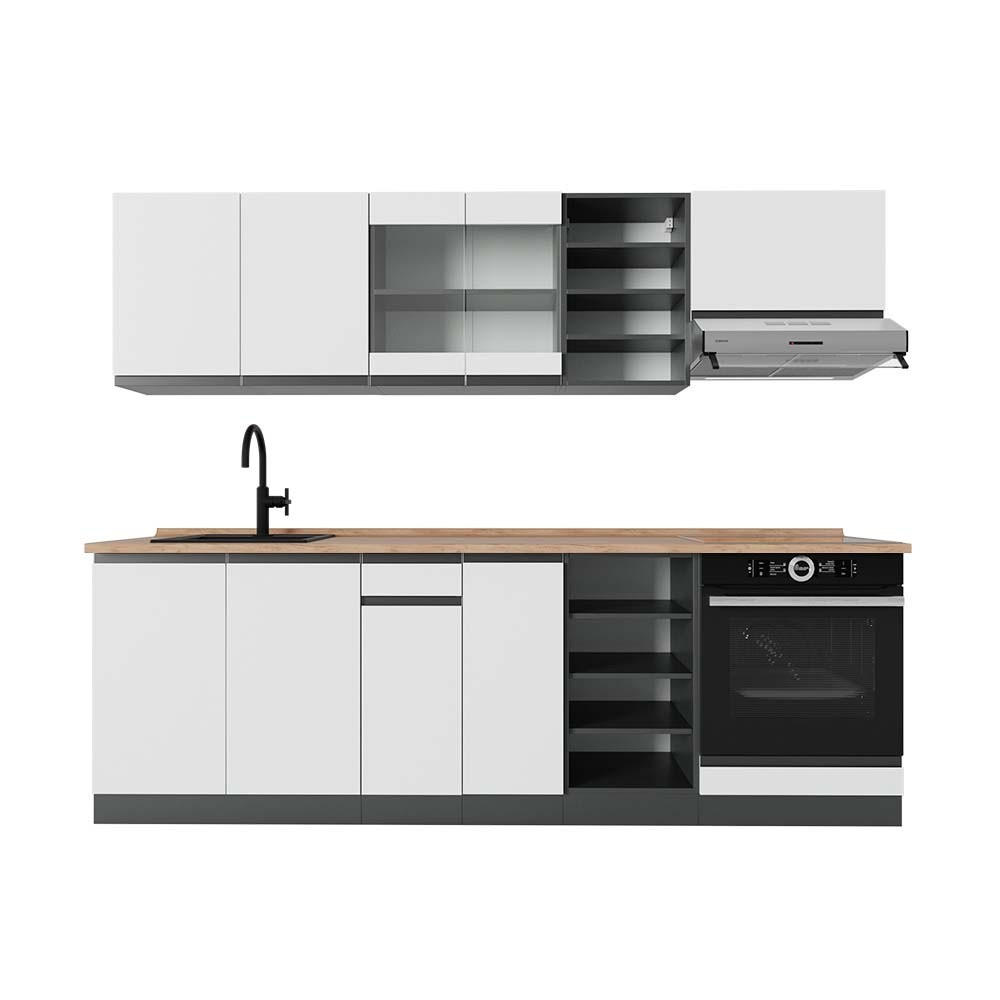 KÜCHENZEILE R-Line Weiß/Anthrazit 240 cm J-Shape, AP Eiche - Anthrazit/Weiß, Holzwerkstoff (240/81.6/60cm) - Vicco