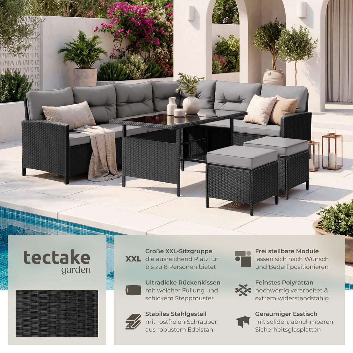 RATTANLOUNGE Barletta, mit Sicherheitsglasplatten, schwarz/grau - Schwarz/Grau, Kunststoff - tectake