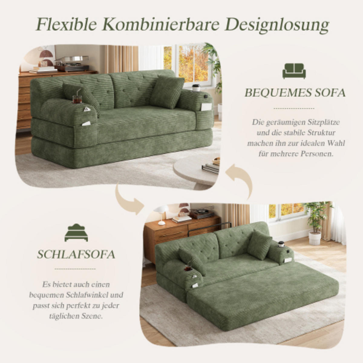 SCHLAFSOFA mit Metallrahmen grün 168×80×81 cm aus Cordstoff - Grün, Textil (80/81/168cm) - Luhomfu