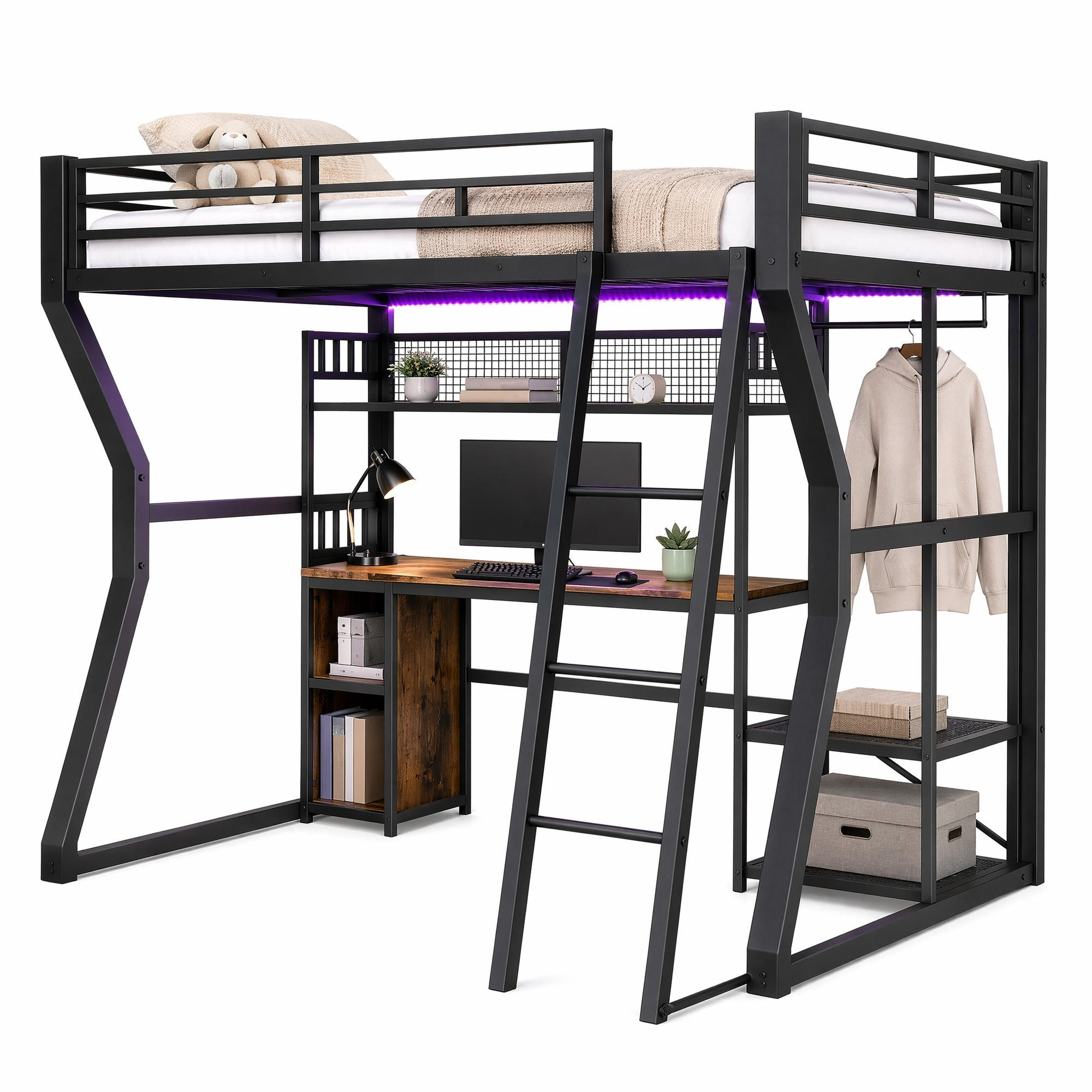 HOCHBETT mit Schreibtisch 140x200 cm Metall MDF Black - Schwarz, Metall (140/200cm) - Meubliv