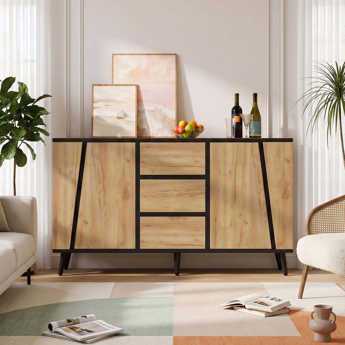 SIDEBOARD AUFBEWAHRUNGSSCHRANK Naturholz & Schwarz 2 Türen 3 Schubladen 120cm - Naturfarben, Holzwerkstoff (120/70/40cm) - Urban Meuble