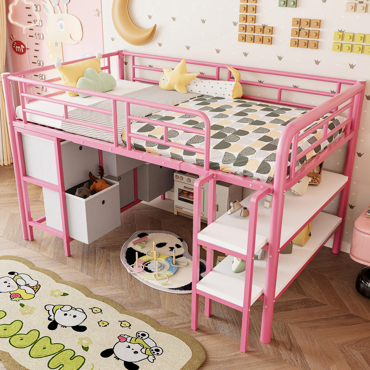 HOCHBETT 90/200 cm aus Metall und MDF mit Stauraumtreppe Rosa/Weiß - Rosa, Metall (90/200cm) - Modenvie