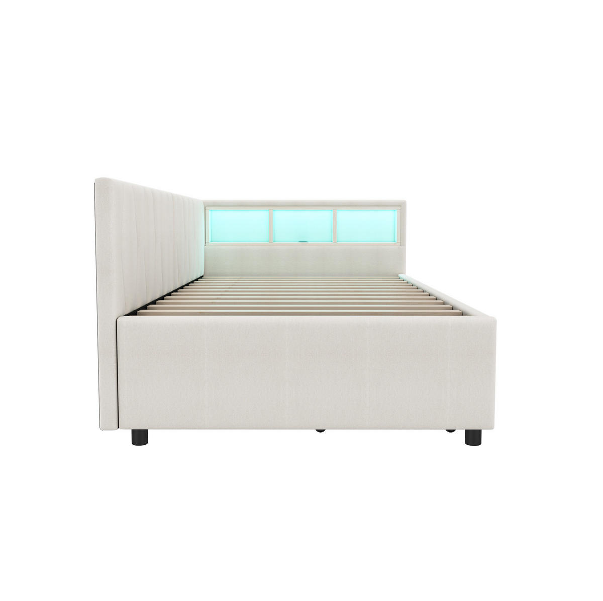 POLSTERBETT 90/200 cm in Beige mit LED-Beleuchtung, 2 Schubladen und USB- und Type-C-Anschlüssen - Beige, Textil (90/200cm) - Flora Grace