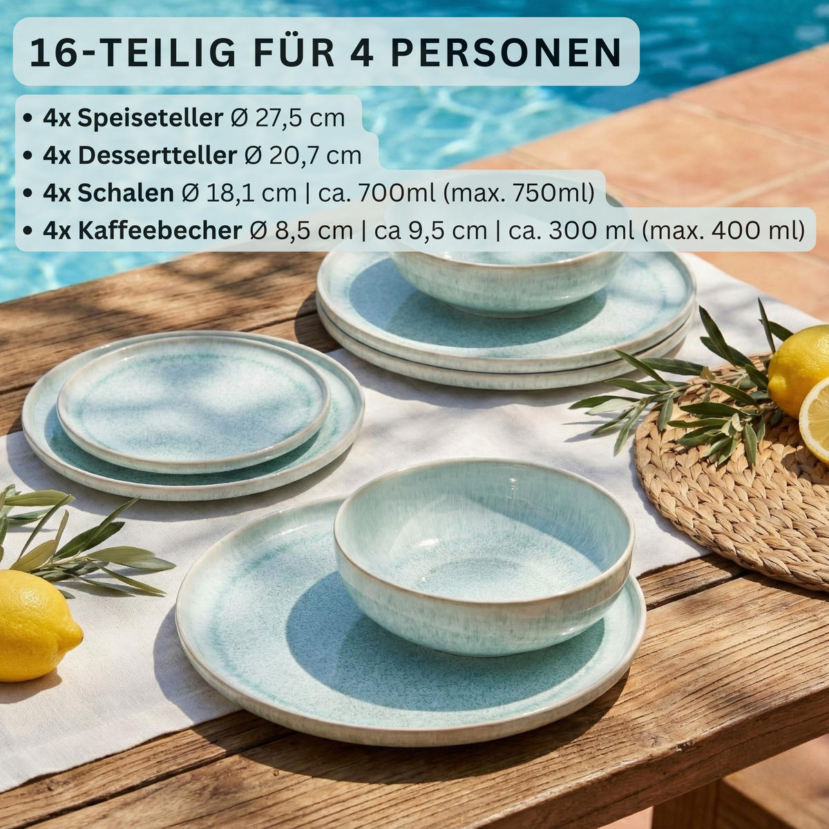 KOMBISERVICE PAROS - 16 teilig aus Steingut - Türkis, Stein (27/27/27cm) - Sänger