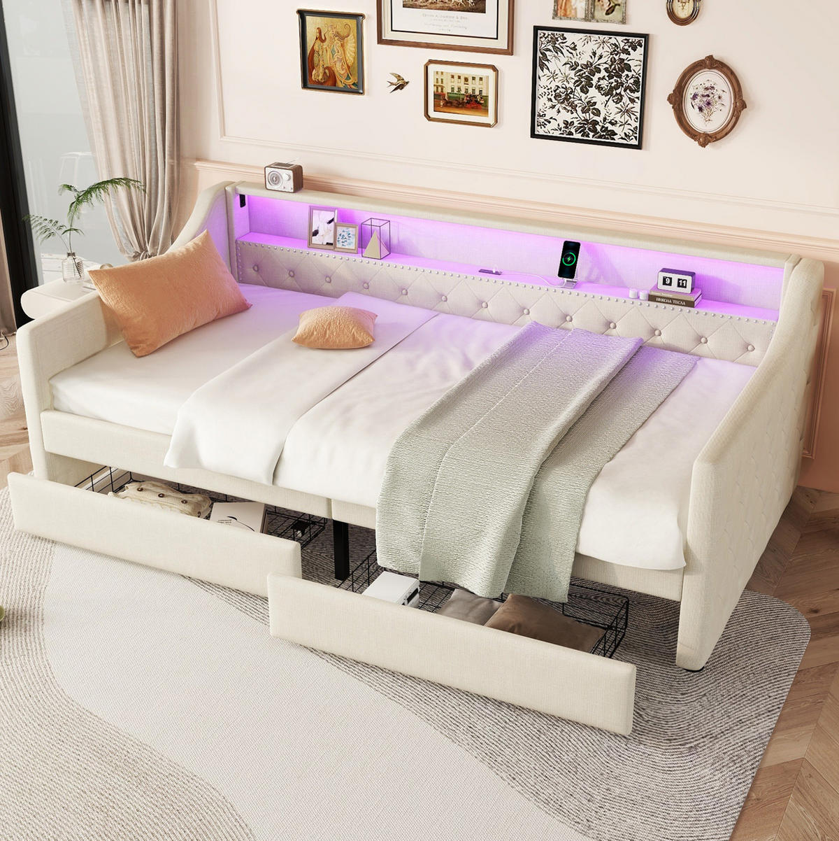 POLSTERBETT aus Leinen 90x200 cm in Beige mit LED-Beleuchtung & USB-Ladebuchse - Beige, Textil (90/200cm) - Modfu