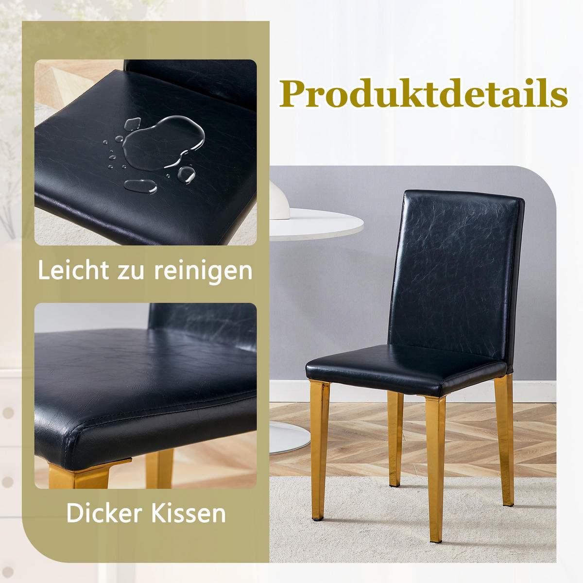 STUHL-SET DE-36598 2 Stück mit PU-Bezug und Metallbeinen Schwarz - Goldfarben, Metall (47/90/41cm) - ComfortXL