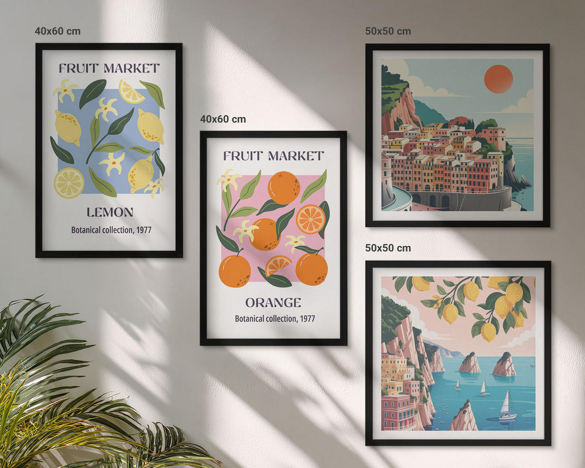WANDBILDER 4er-Set - 50x50 cm & 40x60 cm Schwarzer Rahmen - Obstposter Zitronen Orangen - Schwarz, Kunststoff (50/50cm) - ArtPrintCave