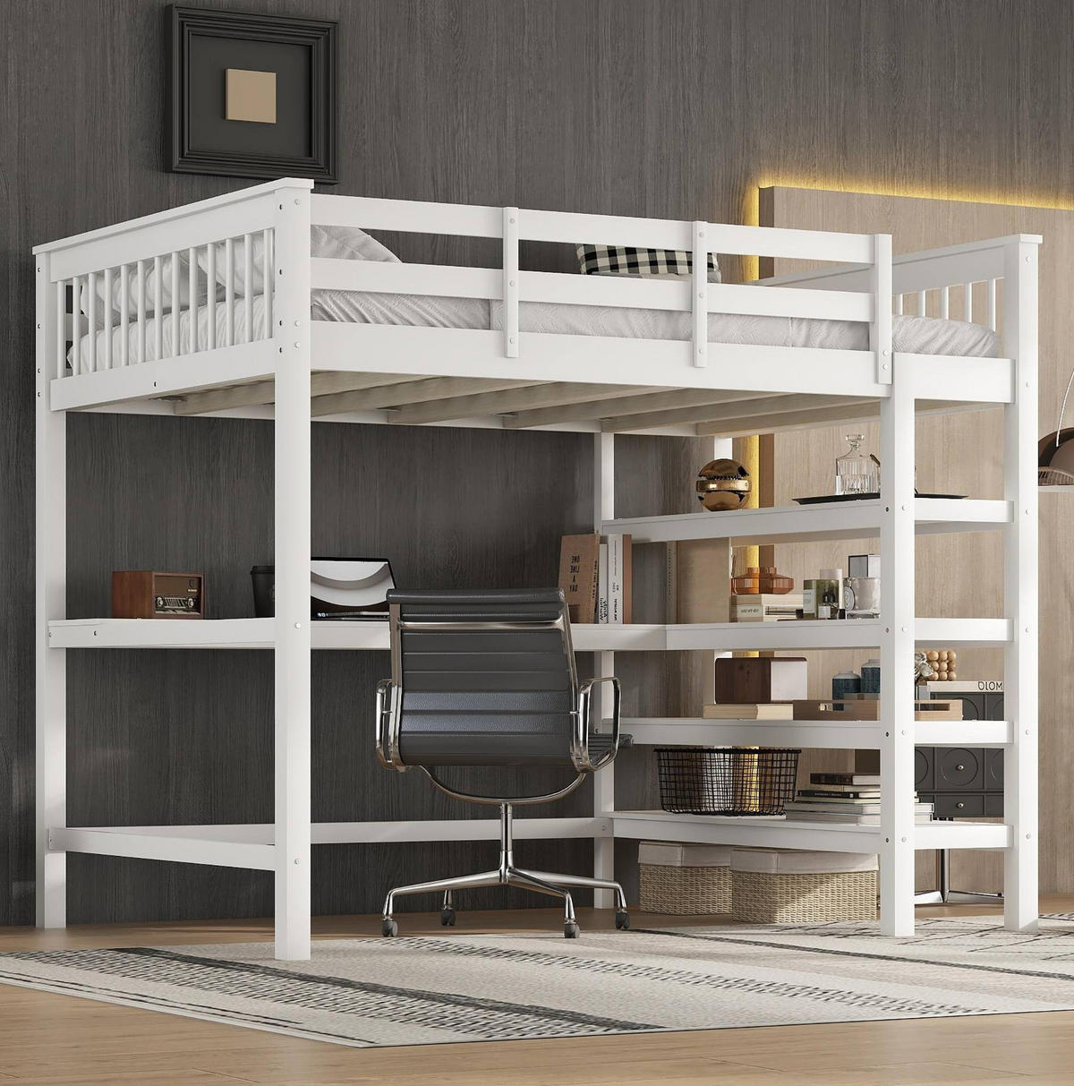 VYSOKÁ posteľ 140/200 cm biela s písacím stolom a policami z borovice a MDF - biela, drevo (140/200cm) - OKWISH