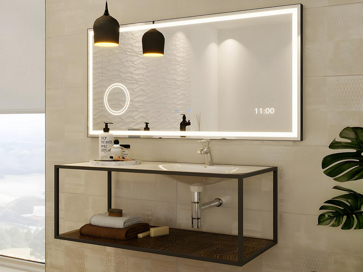 BADEZIMMERSPIEGEL rechteckig mit Digitaluhr beleuchtet - 120 x 60 cm - AITANA - Schwarz, Glas (120/60/4.05cm) - Vente-Unique