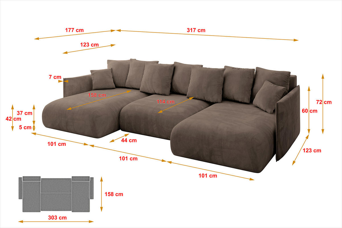 WOHNLANDSCHAFT mit Schlaffunktion und Bettkasten ONESK-U 317x177x72 Braun Velours - Braun, Holzwerkstoff/Kunststoff (317/72/177cm) - ALTDECOR