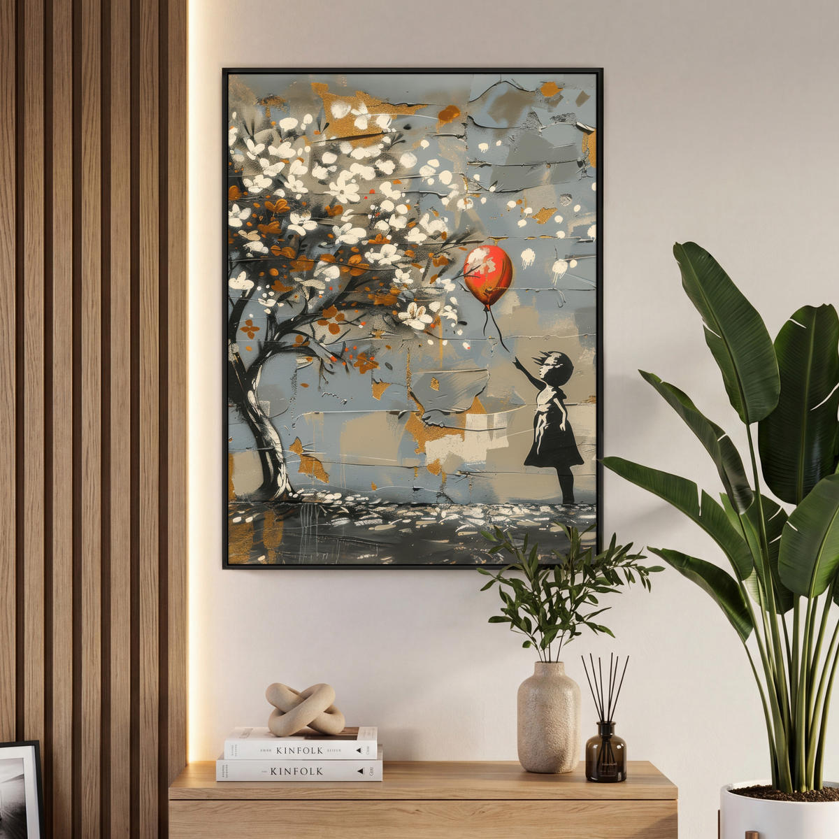 LEINWAND Bilder mit Rahmen - Baum - Graffiti - Banksy-Stil - Ballon-Mädchen - 70x100 - Blaugrau, Textil (70/100cm) - MuchoWow