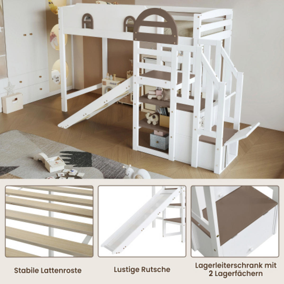 ETAGENBETT Kinderbett 90x200 mit Rutsche, Treppe und Fensterdesign, Hochbett mit Stauraum, Kiefer Holzgestell, weiß - Weiß, Holz (90/200cm) - Luhomfu