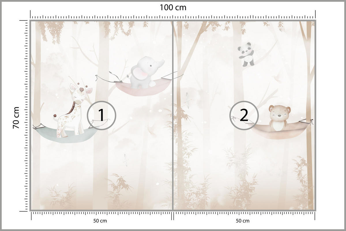 FOTOTAPETE für Kinderzimmer Tiere Hängematten WALD Elefant Giraffe 100x70 - Beige/Schwarz, Papier (100/70cm) - Muralo