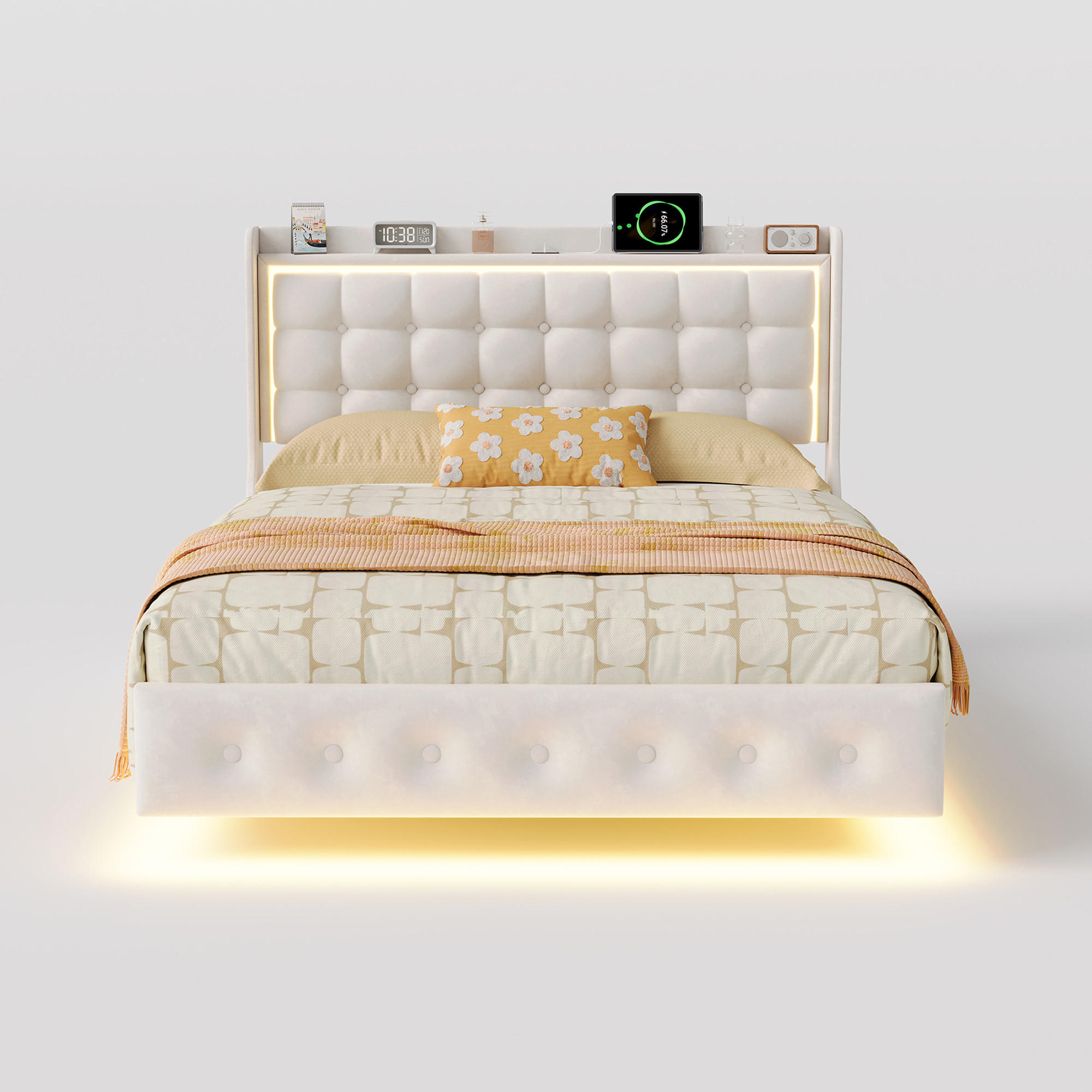 POLSTERBETT 140x200 cm mit LED und USB, Doppelbett mit Lattenrost und Kopfteil, Samtbezug, Weiße - Weiß, Holzwerkstoff/Textil (140/200cm) - GENKI LIVING