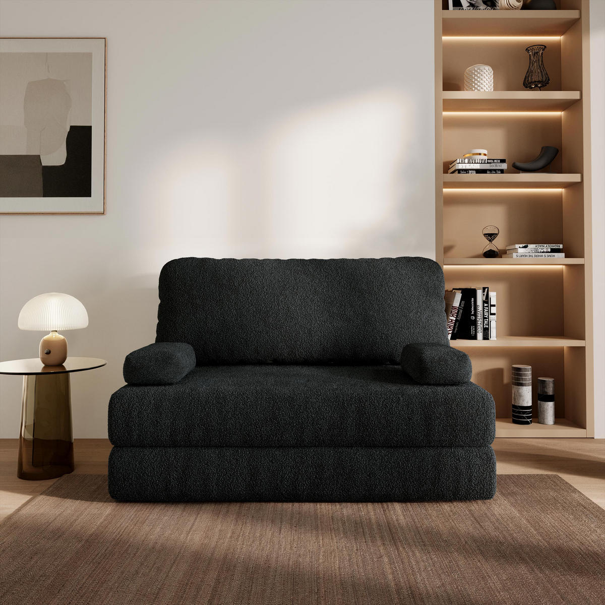 BETTSOFA KESTE aus Schaumstoff Bucle-Stoff Schwarz Schlaffunktion - Schwarz, Textil (140/86/60cm) - MASSENO