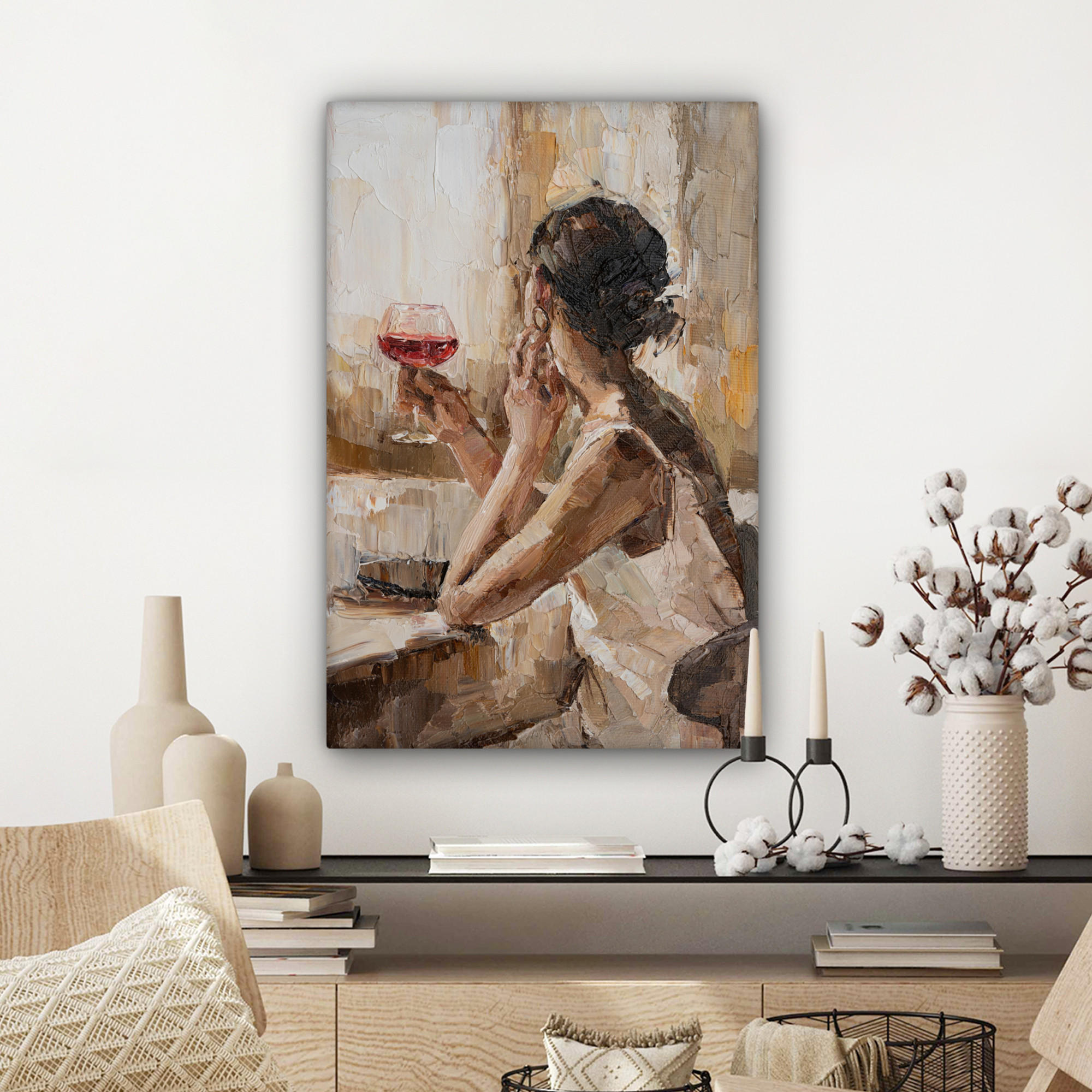 LEINWANDBILD Ölgemälde - Frau - Wein 40x60 cm - Hellbraun, Textil (40/60cm) - MuchoWow
