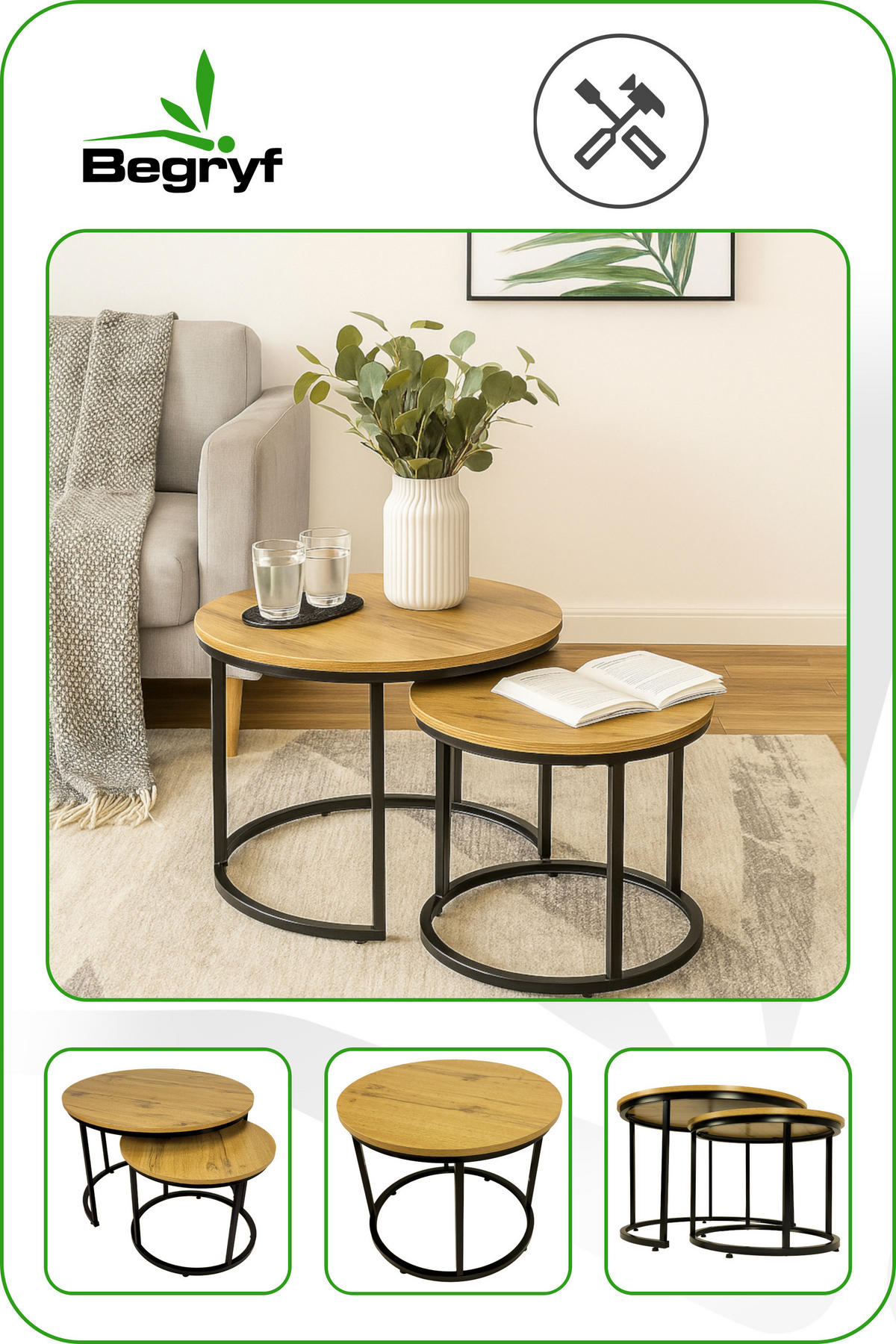 COUCHTISCH Holzoptik Metall Eichefarben Schwarz 2er Set 47x53x53 cm - Eichefarben/Schwarz, Holzwerkstoff/Metall (53/53/47cm) - Begryf