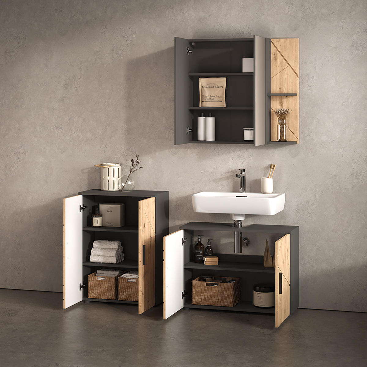 BADMÖBEL-SET Ronco, Anthrazit/Artisan-Eiche, 3-teilig - Anthrazit/Eiche Artisan, Holzwerkstoff (80/59/30cm) - Livinity®