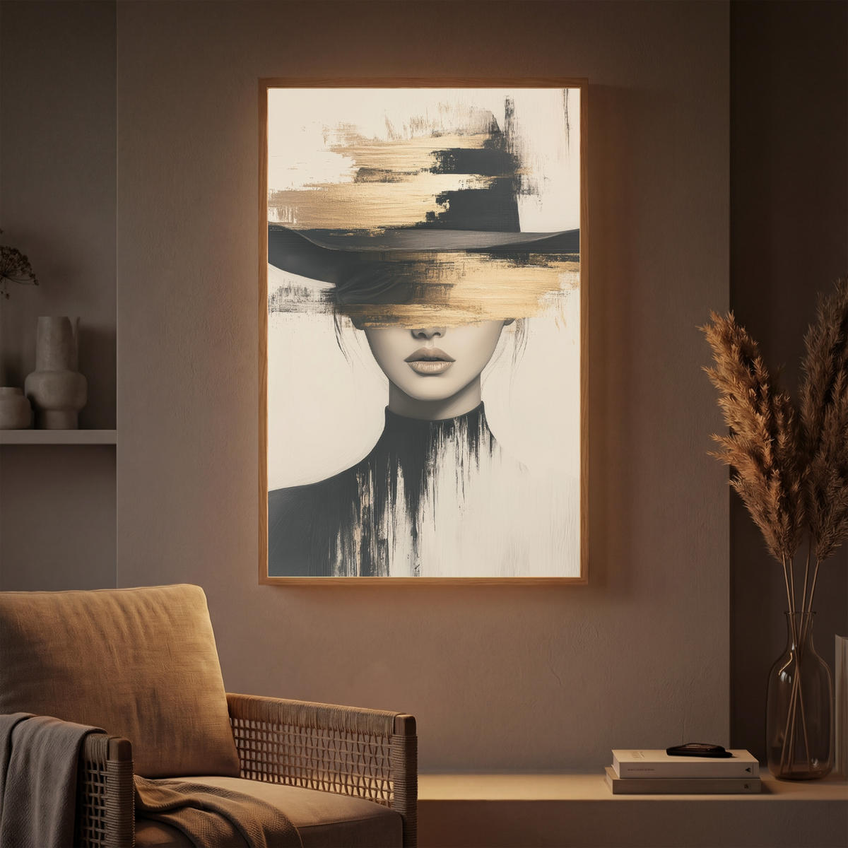 NÁSTĚNNÁ LAMPA S AKUMULÁTOREM Žena - klobouk - barva 70x100 cm - krémová, kompozitní dřevo (70/100/8cm) - OnlyWow