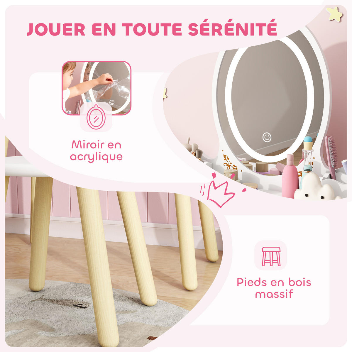 KINDERSCHMINKTISCH DE-18638 2-in-1 mit 3-farbigem LED-Spiegel Weiß - Weiß, Holzwerkstoff (30/99.3/60cm) - ComfortXL