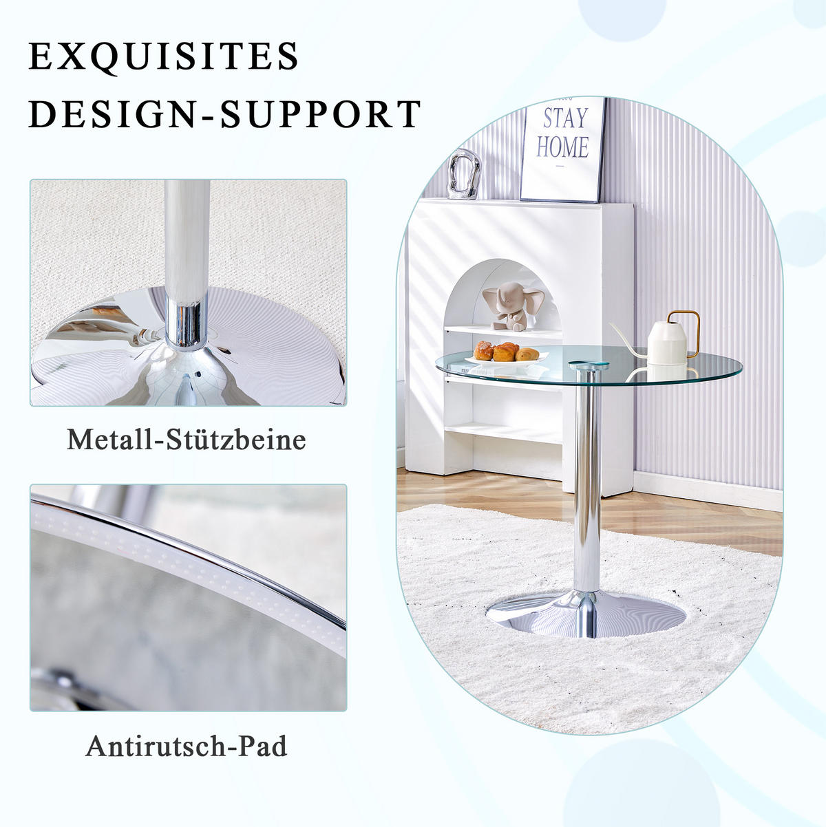 RUNDER Bartisch 85/85/76 cm mit Glasplatte und Metallgestell in Silber - Silberfarben, Glas (85/85/76cm) - BEAOK