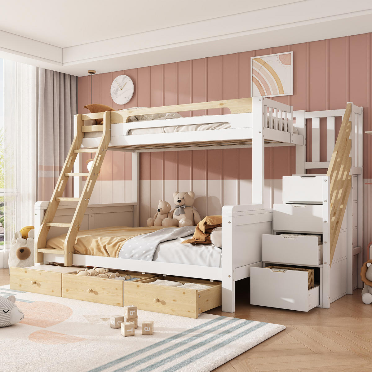 ETAGENBETT 90/140/200 cm mit Stauraumtreppe, DE-41778, in Weiß/Natur - Weiß/Naturfarben, Holzwerkstoff (140/200cm) - ComfortXL