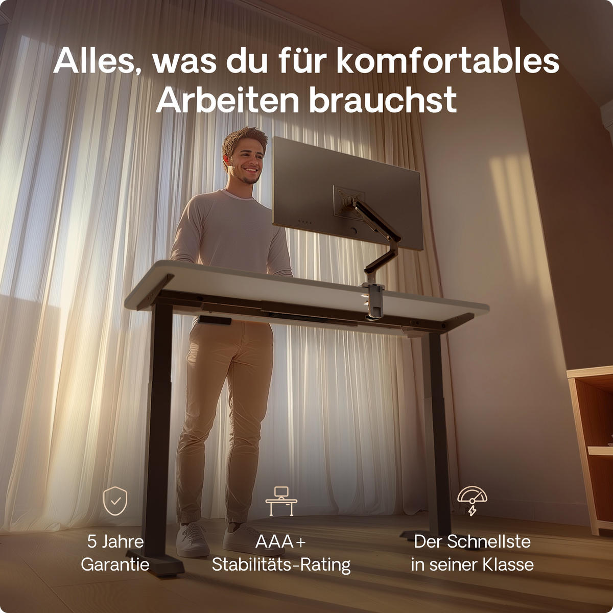 SCHREIBTISCH Elektrisch Höhenverstellbarer HomeOne 120x60cm Schwarz/Grau mit Memory-Funktion, Anti-Kollisions Technologie - Schwarz/Grau, Holzwerkstoff (60/120/72cm) - Desktronic