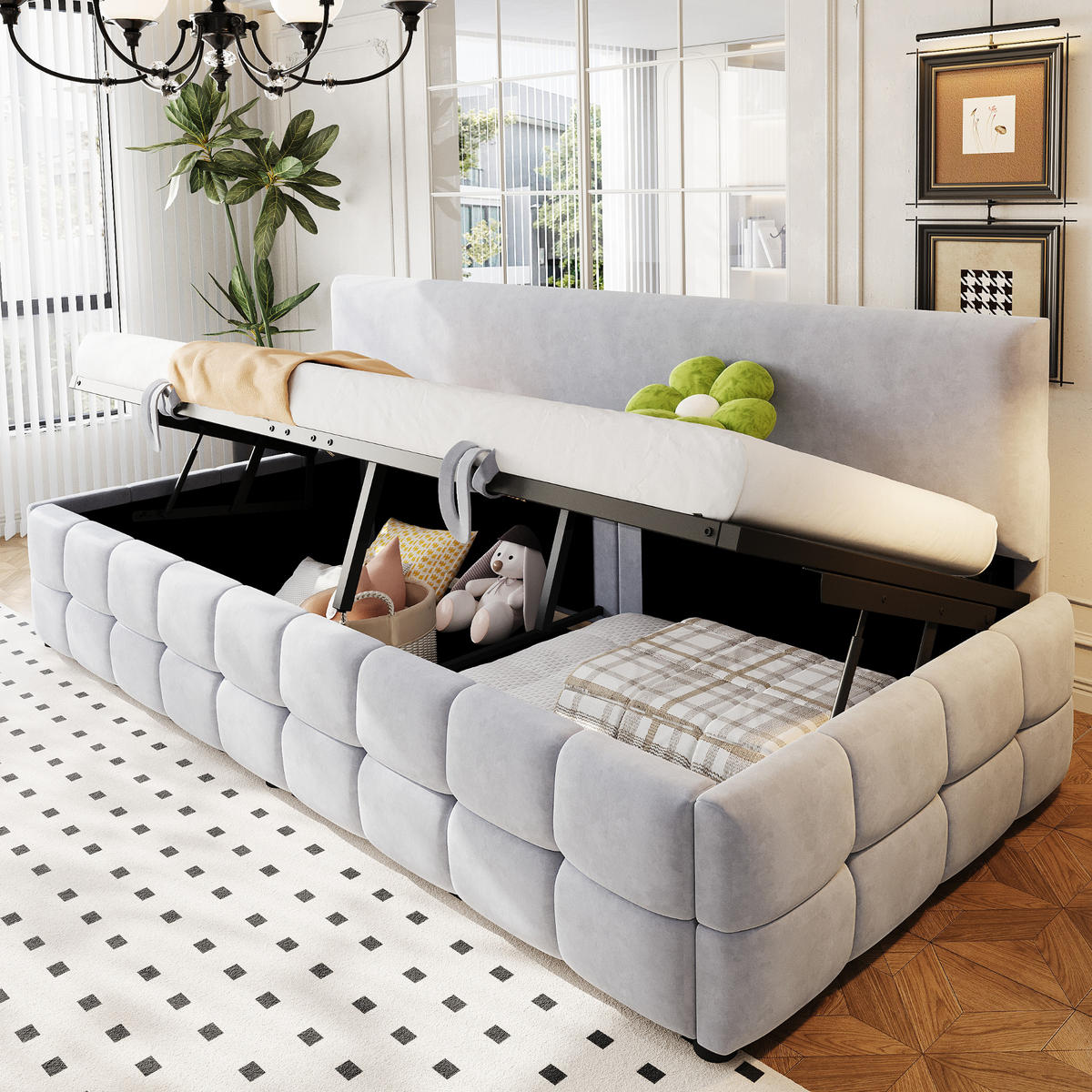 POLSTERBETT Schlafsofa 90/200 cm mit hydraulischem Stauraum in Hellgrau - Hellgrau, Textil (90/200cm) - OKWISH