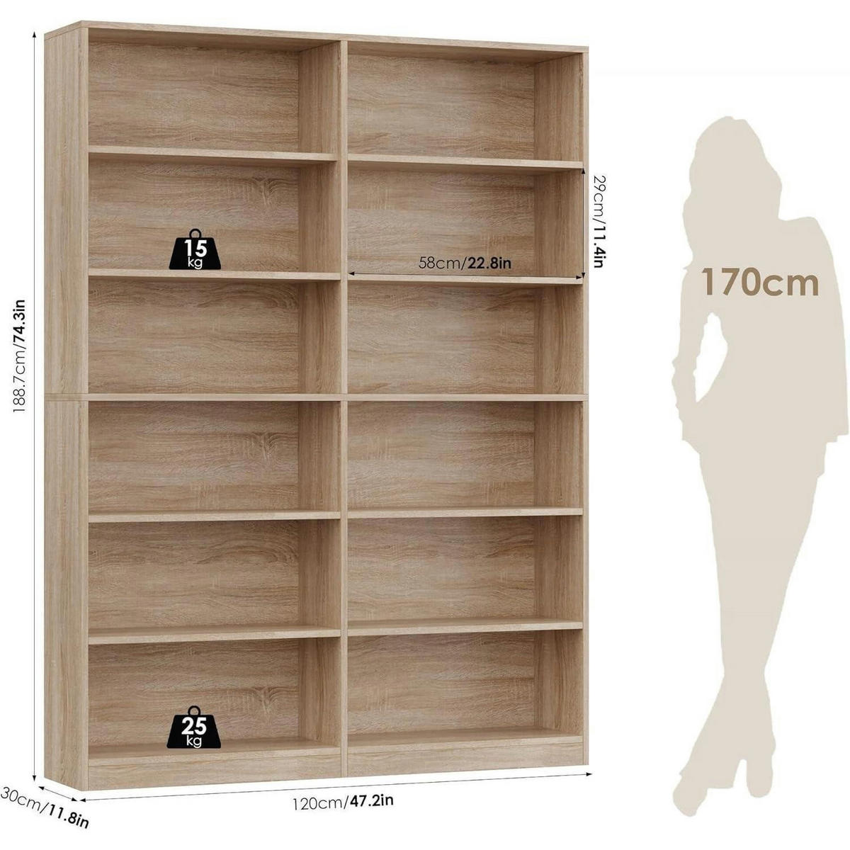 BÜCHERREGAL 120 x 30 x 188,7 cm Eiche - Braun, Holzwerkstoff (120/188.7/30cm)