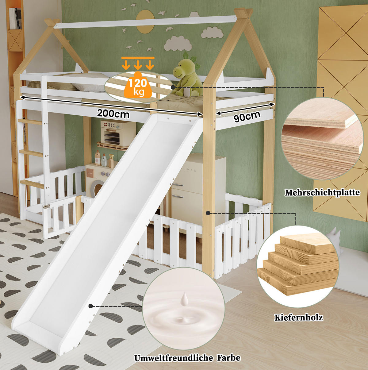 VÝŠKOVÁ posteľ 90/200 cm biela/prírodná so šmykľavkou a strešnou konštrukciou z masívneho dreva a MDF - biela, kompozitné drevo (90/200cm) - OKWISH