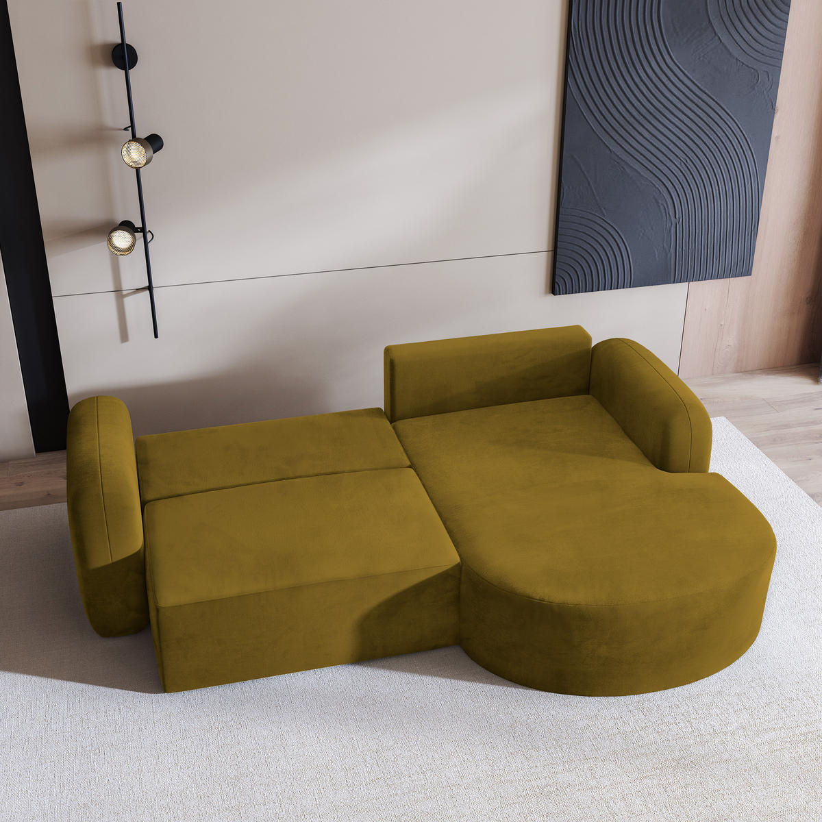 ECKSOFA AMILIA M R-S Gelb Velours-Stoff mit Schlaffunktion - Gelb, Holz (263/174cm) - MASSENO