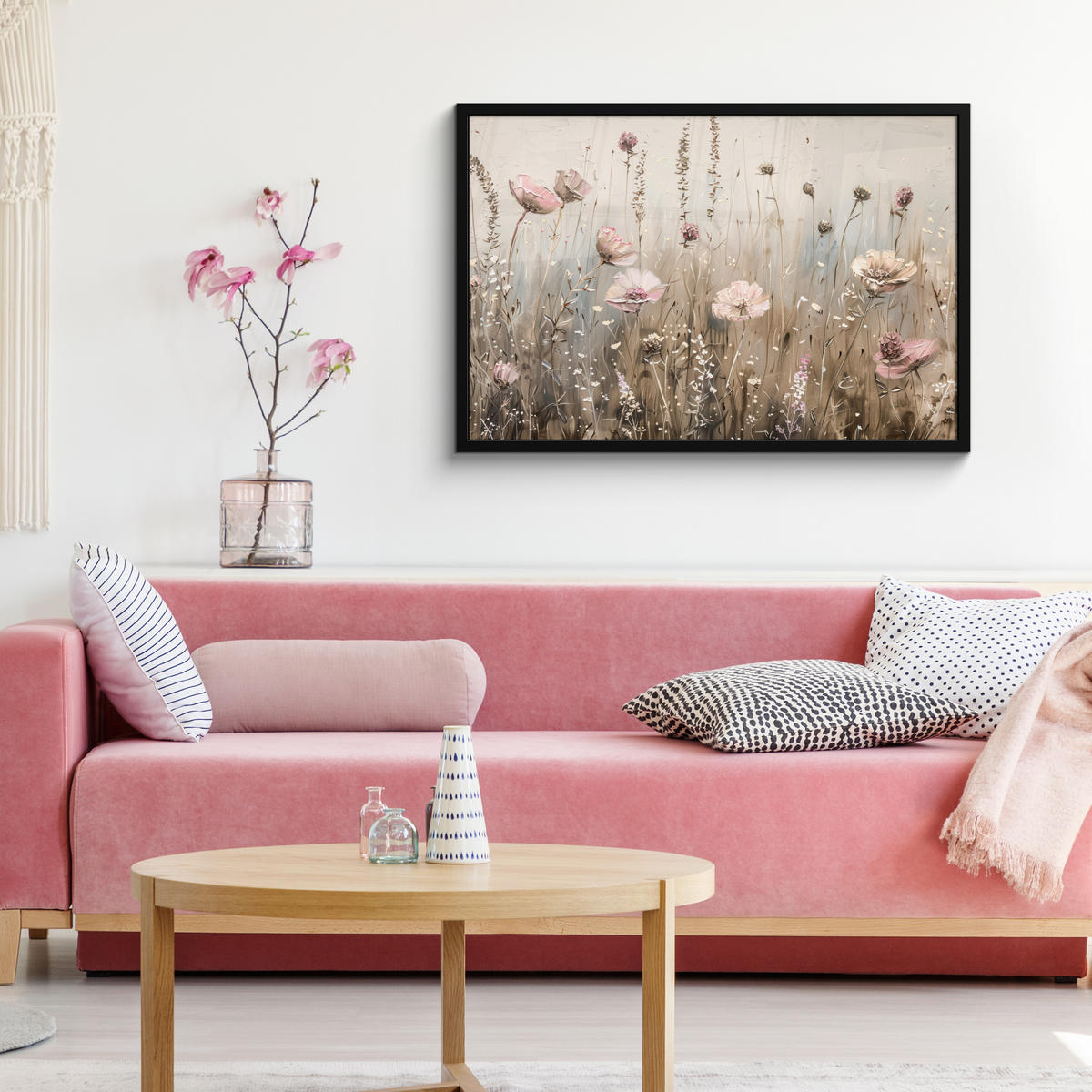 POSTER MIT RAHMENGERAHMTES BILD Blumen - Rosa - Modern - Beige 90x60 cm - Beige, Papier (90/60cm) - MuchoWow