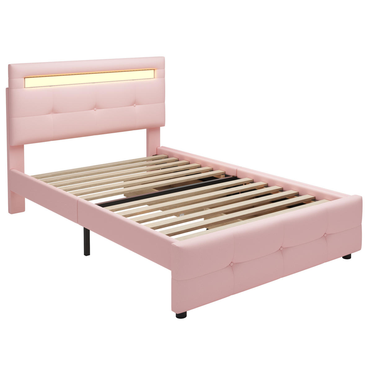 POLSTERBETT 90/200 cm aus Holz mit LED-Beleuchtung und 2 Schubladen Rosa - Pink, Textil (90/200cm) - Modenvie