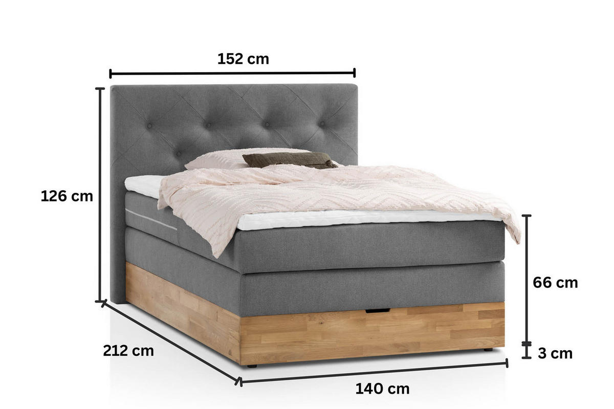 BOXSPRINGBETT MARBO 140x200 Anthrazit H2 und H3 mit Bettkasten 7-Zonen Taschenfederkern Matratze inkl. Visco Topper und Eiche - Anthrazit, Textil (140/200cm) - Belanoti
