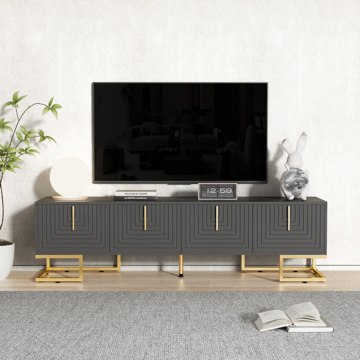 TV-SCHRANK Lowboard Goldene Griffe Füße 70-79 Zoll Schwarz Grau - Grau, Holz (49/13.5/99.5cm) - FLIEKS