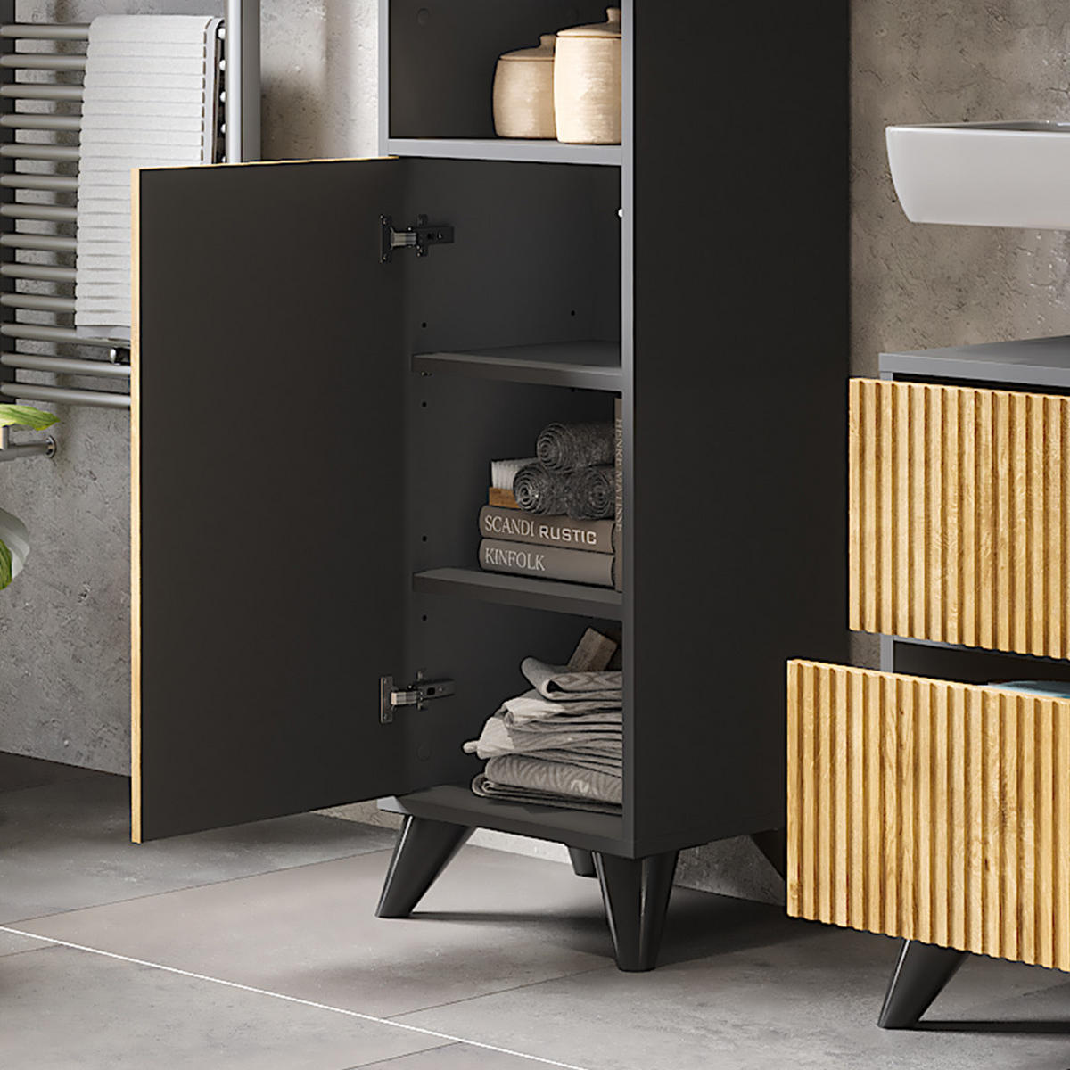 BADSCHRANK Leano Anthrazit/Bergeiche 38 x 180 cm mit 2 Türen - Eichefarben/Anthrazit, Holzwerkstoff (38/180/30cm) - Vicco