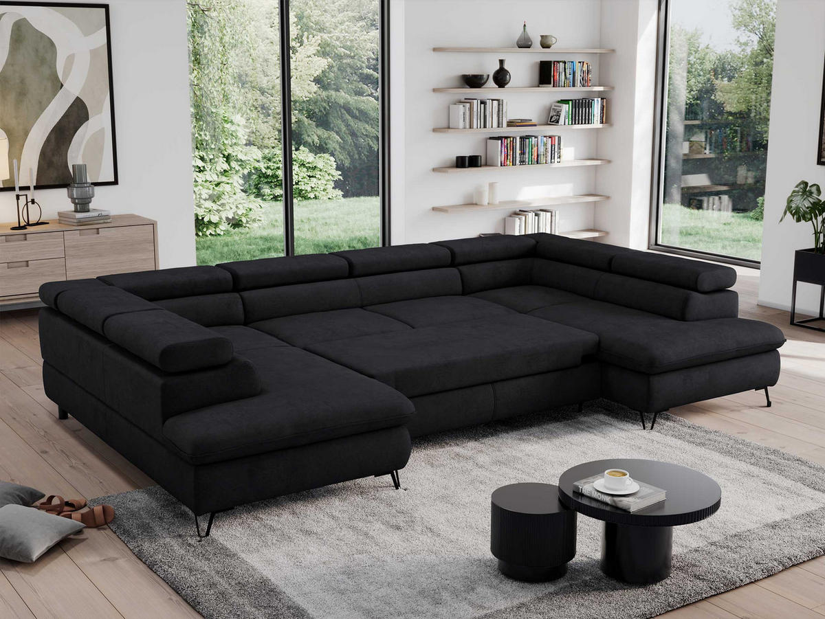 WOHNLANDSCHAFT PEDRO U Samt Schwarz - Schwarz, Textil/Metall (346/76/208cm) - MKS