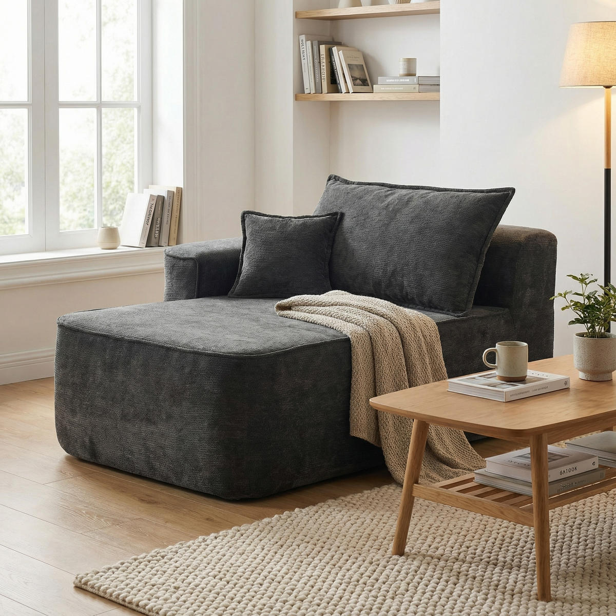 CHAISE LONGUE premium chenille relaxliege montagefrei - Dunkelgrau, Textil (144/65/112cm) - Urban Meuble