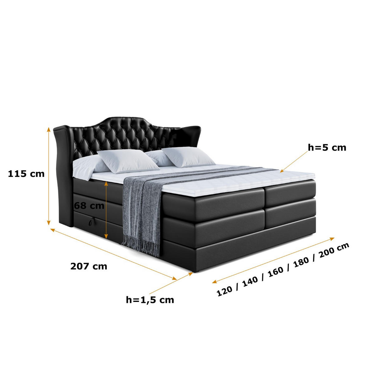 BOXSPRINGBETT VILA KING - 160x200 - H3/H4 - Schwarz Hochglanz - Schwarz Hochglanz, Holzwerkstoff (160/200cm) - ALTDECOR