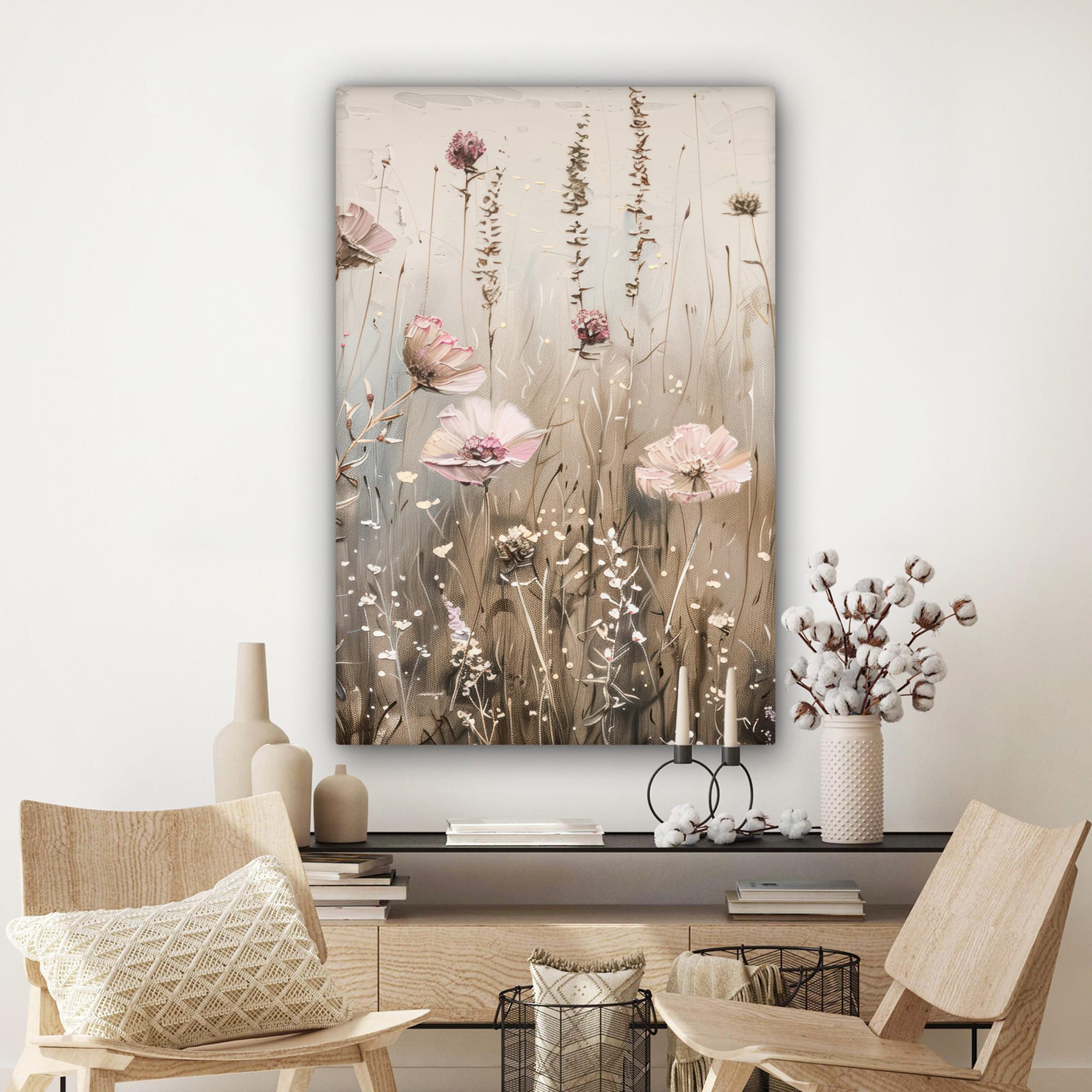 LEINWANDBILD Blumen - Rosa - Modern - Beige 80x120 cm - Beige, Textil (80/120cm) - MuchoWow