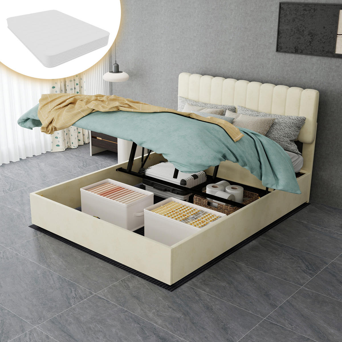 POLSTERBETT 140/200 cm DE-32948 mit Stauraum und Matratze Beige - Beige, Metall (140/200cm) - ComfortXL