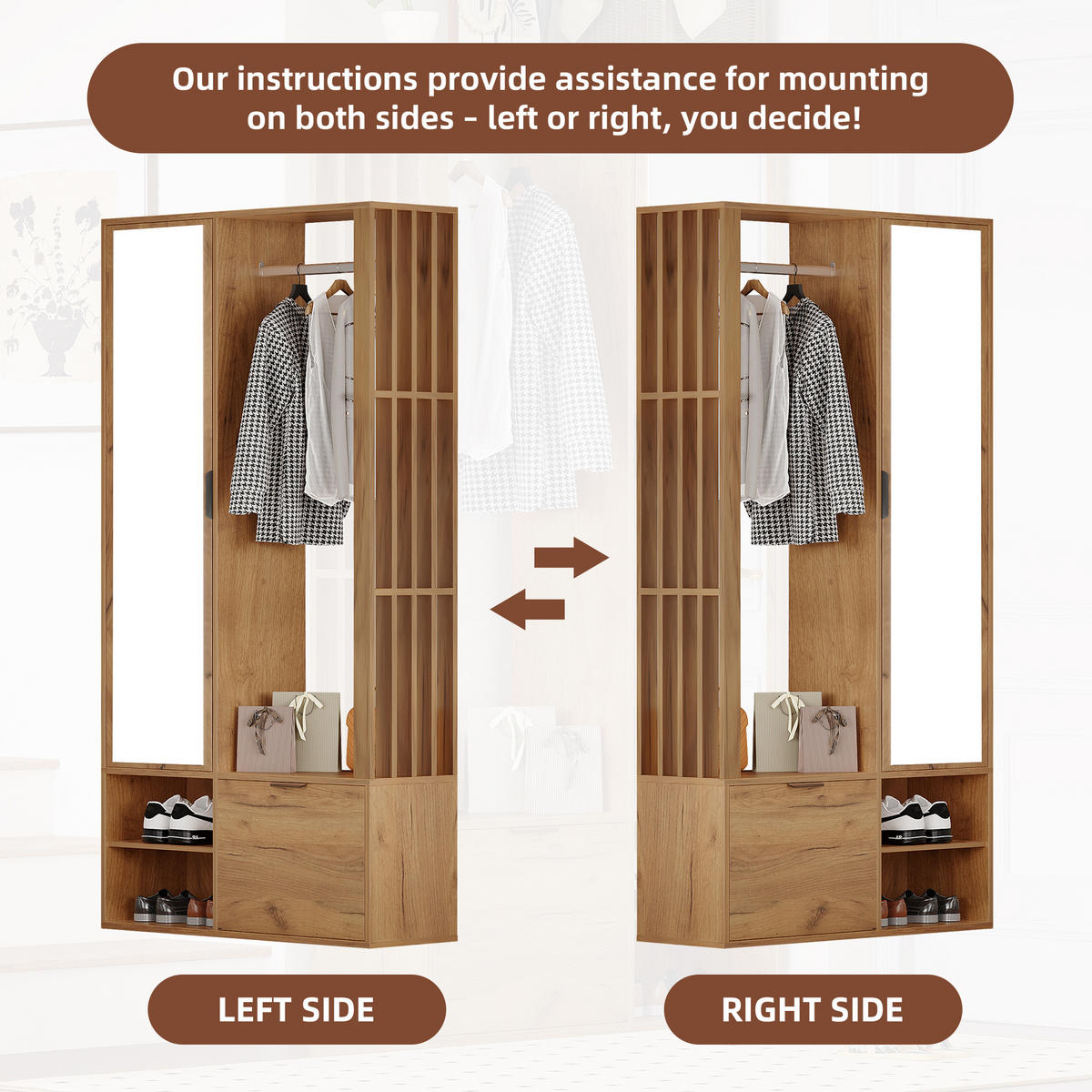 GARDEROBE 100/190/33 cm natürliche Holzfarbe aus Spanplatte mit Spiegel - Naturfarben, Holzwerkstoff (33/190/100cm) - OKMYHOME